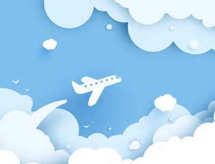 Airplane aerial view paper art cut out on yellow sky background with sun and clouds. Vector illustration for web or print banner. Flight aircraft concept. Enjoy Summer holidays text greetings.