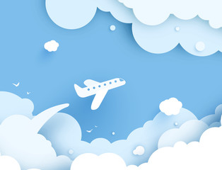 Airplane aerial view paper art cut out on yellow sky background with sun and clouds. Vector illustration for web or print banner. Flight aircraft concept. Enjoy Summer holidays text greetings. © Vitaliy