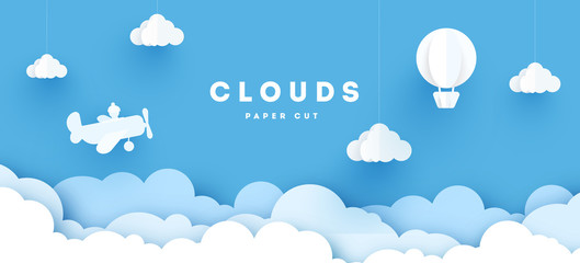 Modern paper art clouds, airplane, banner and mountains. Cute cartoon fluffy clouds. Pastel colors. Origami style. Vector illustration