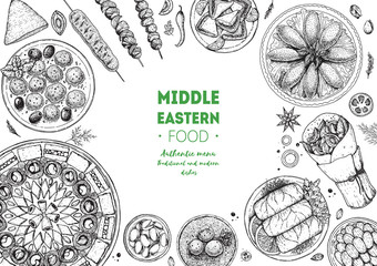 Middle eastern food top view frame. Food menu design with dolma, kibbeh, kebab, shawarma, baklava, meat balls . Vintage hand drawn sketch vector illustration.
