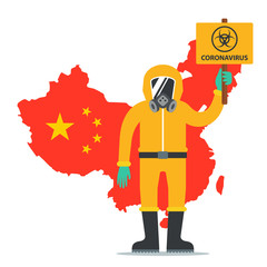 a man in a protective suit holds a sign with the coronavirus icon. epidemic in china. Flat character vector illustration.