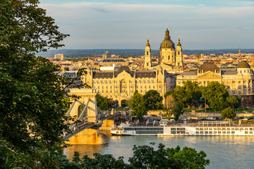 Chain bridge on Danube river in Budapest, Hungary.