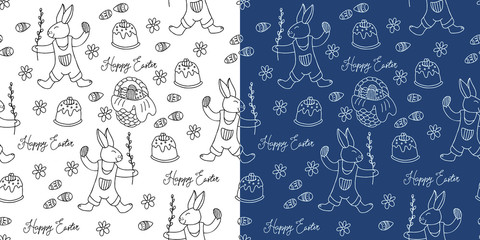 Set of vector seamless patterns with easter cakes,  rabbits, wicker basket full of eggs, daisies. Doodle style in black ink on white and white on navy blue. Great for fabric, wrapping papers, covers.