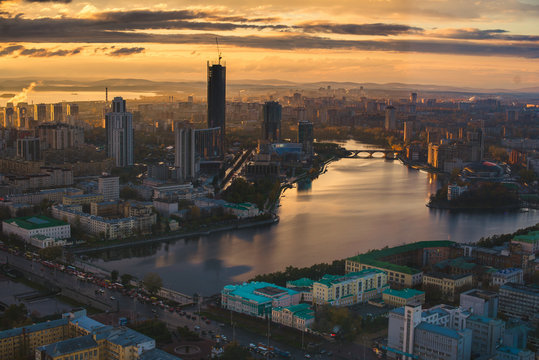 view of the evening evening morning city center with a river pond after rain dawn sunset in the city of yekaterinburg iset sverdlovsk ural russia