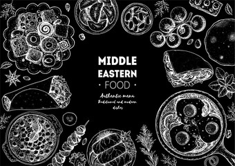Middle eastern food top view frame. Food menu design with kebab, dolma, hummus, shakshouka and sweets. Vintage hand drawn sketch vector illustration.