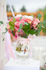 wedding exit ceremony with beautiful delicate flowers and romantic decorations