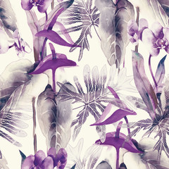 Exotic Flowers Seamless Pattern. Watercolor Background.