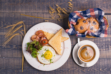 Breakfast lunch dinner egg fried eggs with coffee tea bread toast porridge cheese cookies oatmeal cookies jam