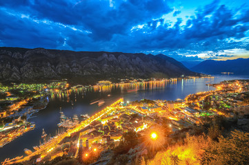 Aerial evening view of Kotor bay and Old Town from hill of Lovcen Mountain.