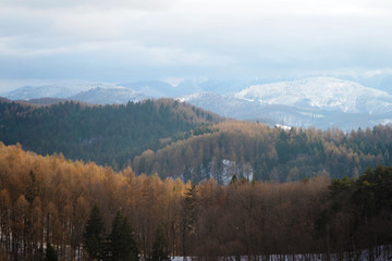 Landscape of the first snowclouds over the Carpathian mountains, viewed from the Rasnov fortress.