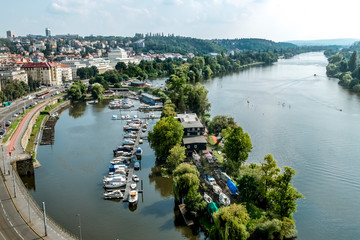 View from the height of the Visegrad district in Prague of the Vltava river, the yacht club and the...