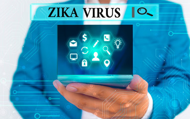 Text sign showing Zika Virus. Business photo text caused by a virus transmitted primarily by Aedes...