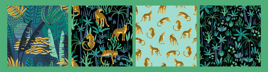 Cotton fabric Vector seamless pattern with leopards and tropical leaves.