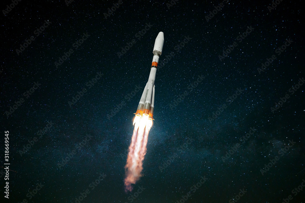 Poster rocket flies on the background of the starry sky, real spaceship in flight, launch rocket. flying ro
