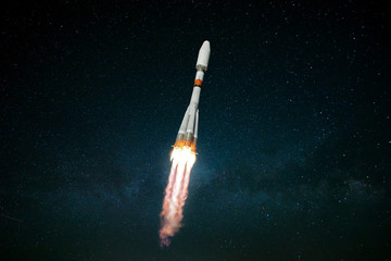 Rocket flies on the background of the starry sky, Real Spaceship in Flight, Launch Rocket. Flying...