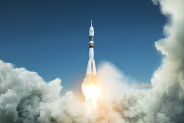 Space rocket takes off into the sky. Spacecraft launched. Successful start