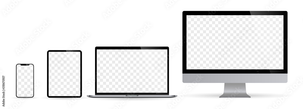 Wall mural realistic set of computer monitors desktop laptop tablet and phone with checkerboard screen and whit