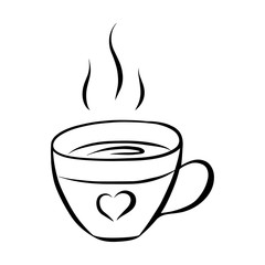 Black and white vector illustration in doodle style. Mug with hot coffee or tea. Cup with a heart. The element is drawn by hand