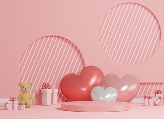 Glossy luxury podium for your design. Pink gift box, Teddy bear and Pink balloon on pastel background. Happy Valentine's Day.