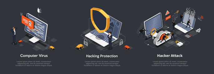 Set of Isometric hacking concept. Set Of Illustrations of Computer Virus, Hacking Protection, Hacker Attack. Anti virus, spyware, malware. Vector illustration