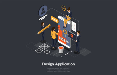 Isometric Concept Of Research and Develop Of Mobile Application. People are Making the Mobile Application Design. Vector illustration