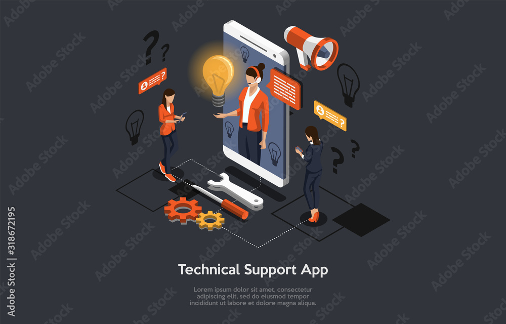 Poster isometric concept of mobile application technical support. people are solving mobile application tec