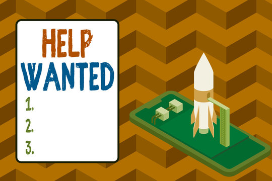 Word writing text Help Wanted. Business photo showcasing An ad in the paper an employer places to find a new employee Ready to launch rocket lying smartphone. Startup negotiations to begin