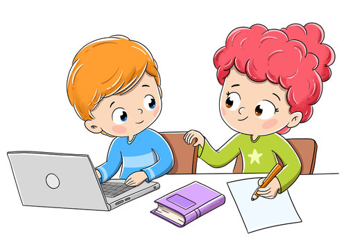 Children doing homework with a computer and a book