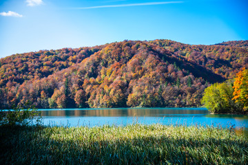 Naklejka premium Autumn landscape in Plitvice Jezera Lakes