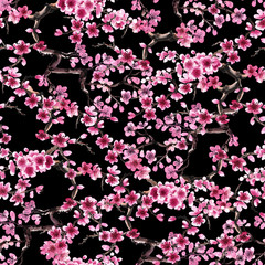 Obraz na płótnie Canvas Blooming watercolor sakura painted in japanese style on black background, seamless pattern