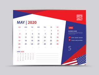 Desk calendar 2020 template, May Page vector for calendar 2020 template, Week starts on Monday, Can be use Place for Photo and Company Logo. American flag background concept.