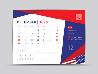 Desk calendar 2020 template, December Page vector for calendar 2020 template, Week starts on Monday, Can be use Place for Photo and Company Logo. American flag background concept.