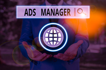 Word writing text Ads Analysisager. Business photo showcasing oversee and control the various advertising activities