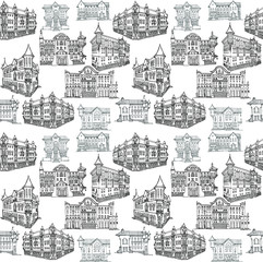 Seamless pattern of outline in lines on a white background. Vintage city houses in classical architecture, diverse for travel
