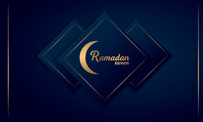 Ramadan banner with gold inscription Ramadan Kareem and black arabic pattern. Vector illustration.