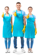 Obraz premium Janitors showing thumb-up on white background