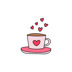 Hand drawn tea cup flat vector icon isolated on a white background.Hearts flying from tea cup.Valentine's day concept.