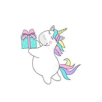 vector illustration of a cute unicorn with a gift, children's birthday picture