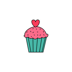 Valentine's day hand drawn muffin, cupcake flat vector icon isolated on a white background.Cupcake doodle icon.
