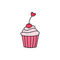 Hand drawn cupcake flat icon with a heart on it isolated on a white background.Valentine's day concept cupcake icon.