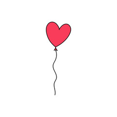Fototapeta na wymiar Red hand drawn flying heart shape balloon flat vector icon isolated on a white background.Valentine's day balloon doodle icon.