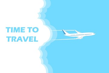 Airplane flies in the sky and cloud on blue background. Concept time to travel. Vector in flat style. Vector illustration