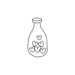 Hand drawn bottle filled with hearts flat vector icon isolated on a white background.Valentine's day concept gift.Love potion illustration.
