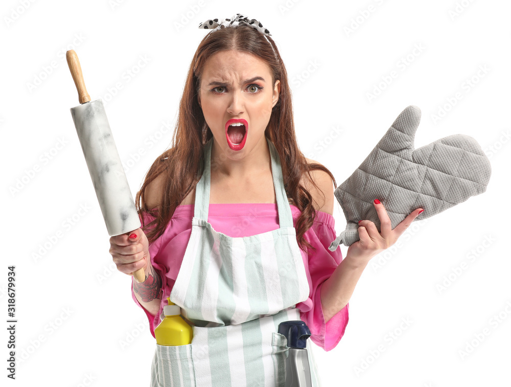 Poster Angry housewife on white background