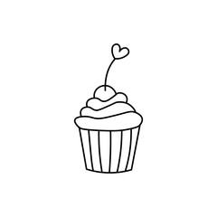Hand drawn cupcake flat icon with a heart on it isolated on a white background.Valentine's day concept cupcake icon.