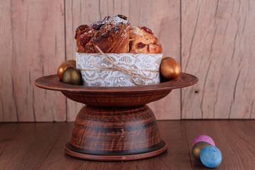 Delicious pastry baking. Easter cake with filling. Quail eggs. Flowers, table, dishes.