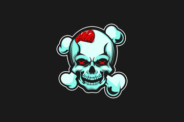 skull with open brain and cross bone cartoon vector crest logo template