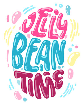 Jelly Bean Time - Hand Drawn Easter Jelly Bean Shape Lettering For Postcard Design. Spring Christian Holiday Card. Vector Illustration Art. Lettering Greeting Print. Carrot Coocke Hape Design.