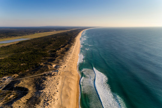 Aerial view of the beautiful Comporta Beach at the Troia Peninsula in Portugal.