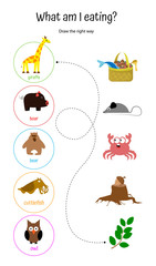 What am I eating? Draw path to animal’s food. Educational game labyrinth for children. Giraffe, wild boar, bear, owl